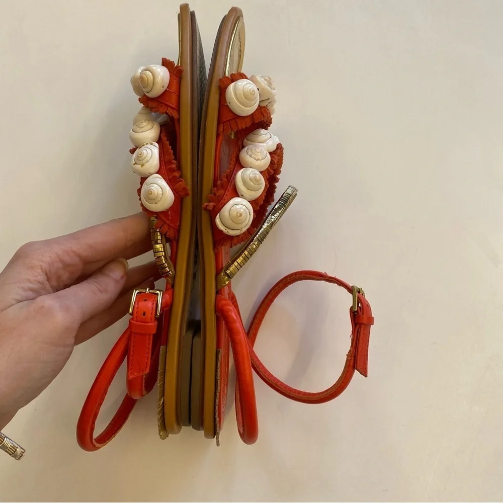 Tory Burch || Sinclair‎ Seashell Sandal Strappy Fringe Gold Orange Red 7.5